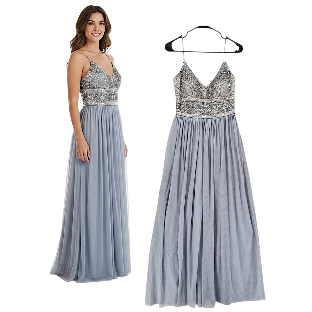 Adrianna Papell Gown 2 Gray Blue Beaded Tulle Formal Prom Dress Wedding Romantic